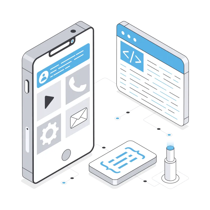 App Entwicklung – 3D-Modell Illustration des Ablaufs von der Codierung einer App