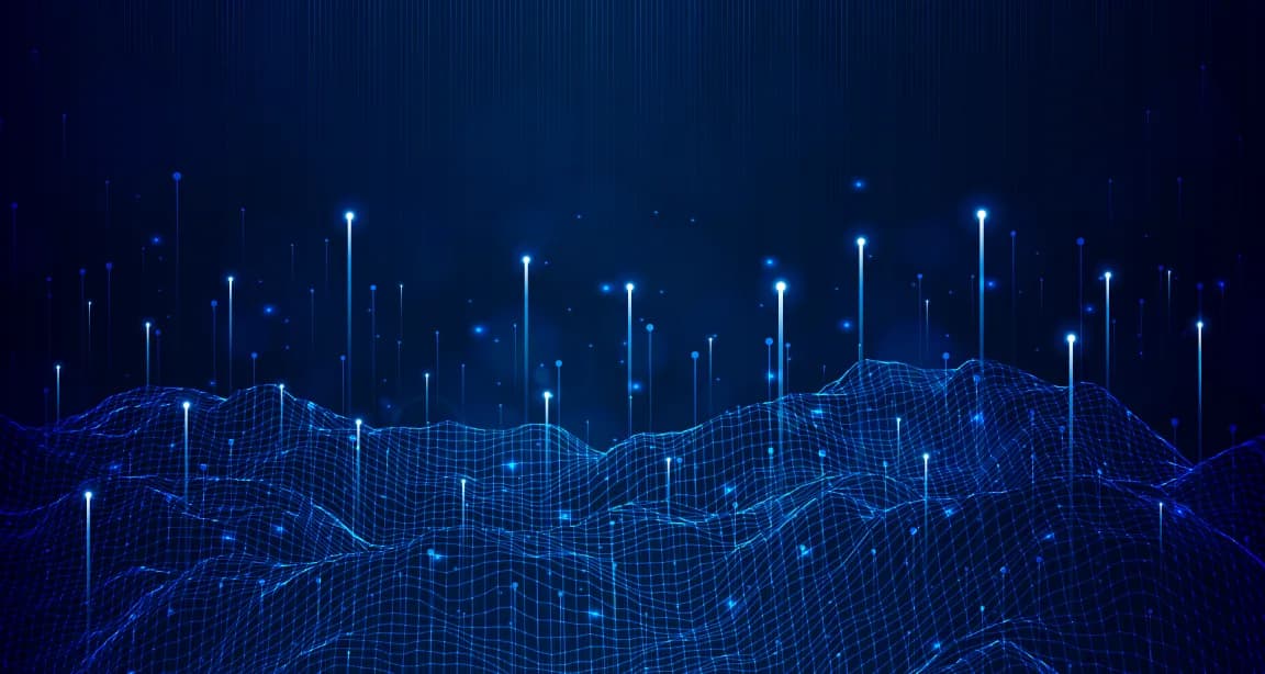 Software Entwicklung Illustration – Netzwerkstruktur mit Datenströmen, die in den Himmel steigen